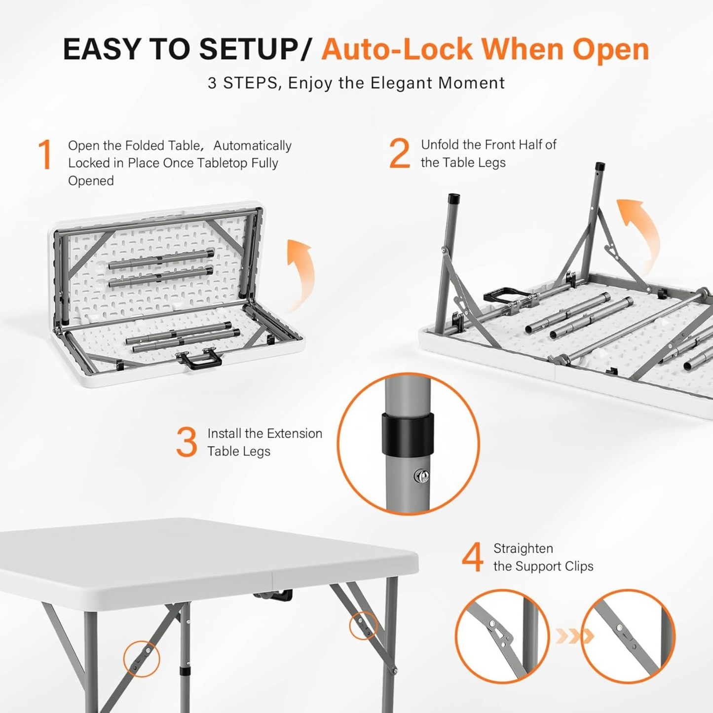 Portable Square Bi-Fold Table with Carry Handle in Black or White, Approximately 34 Inches Wide