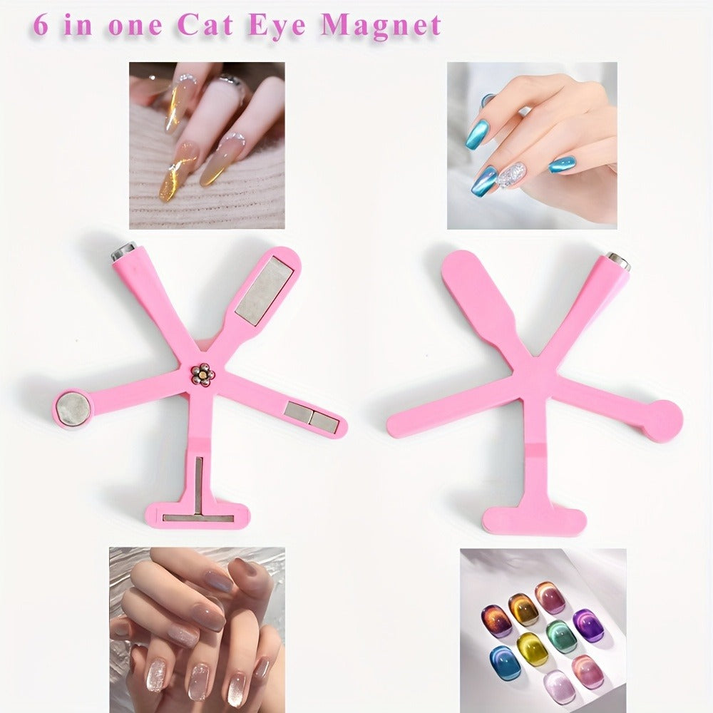 Three-Piece Cat-Eye Nail Magnet Tool Set with Pink Six-Arm Pattern Wheel, Double-Ended Pen and Bar Magnet