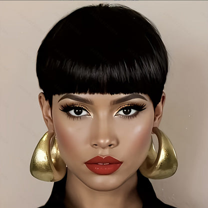 6-Inch Pixie Cut Human Hair Wig with Full Bangs, 180% Density and Black or Burgundy Color Selections