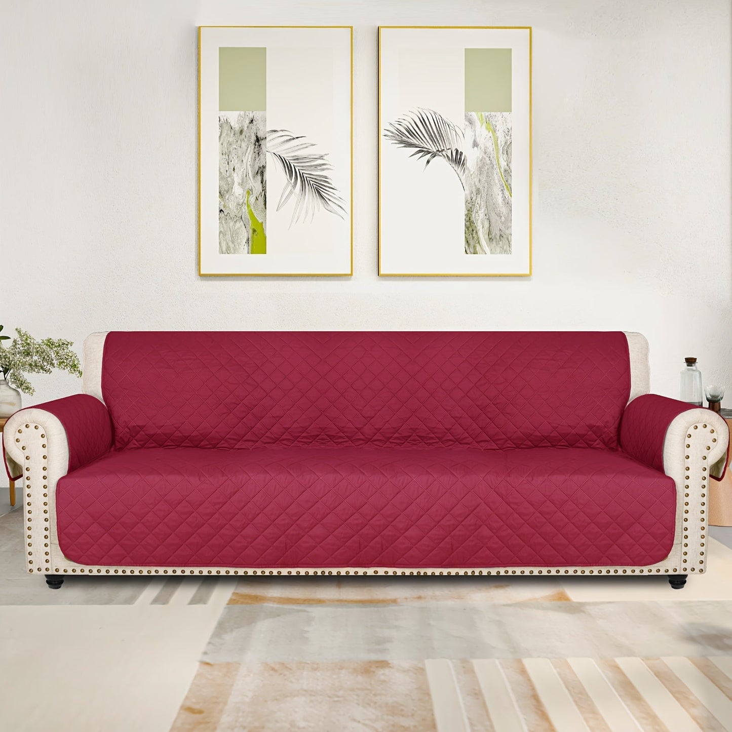 Sofa Cover Five-Layer Quilted Microfiber Protector with Elastic Strap and Foam Anchors for 3 or 4 Seats