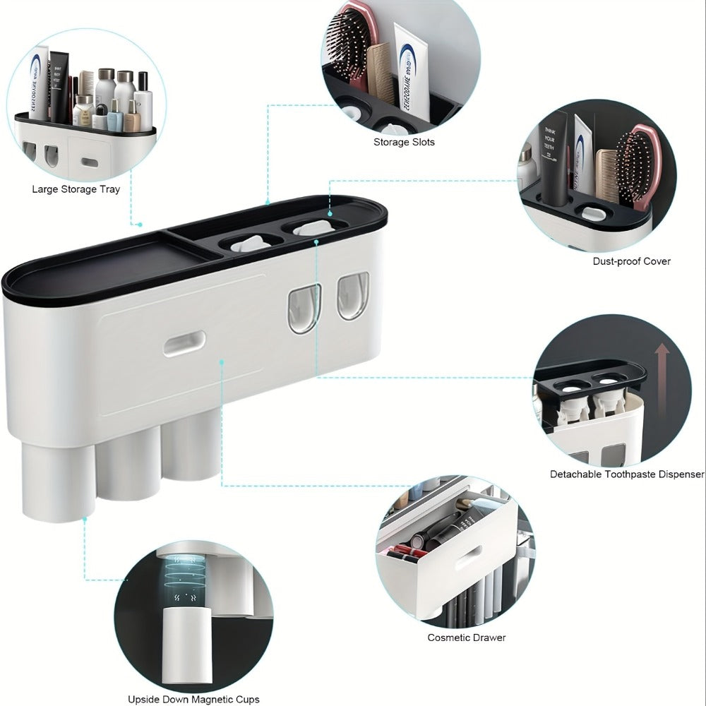 Wall-Mounted Toothbrush Organizer with Dispenser, Side Brush Stand and Two- or Three-Cup Options