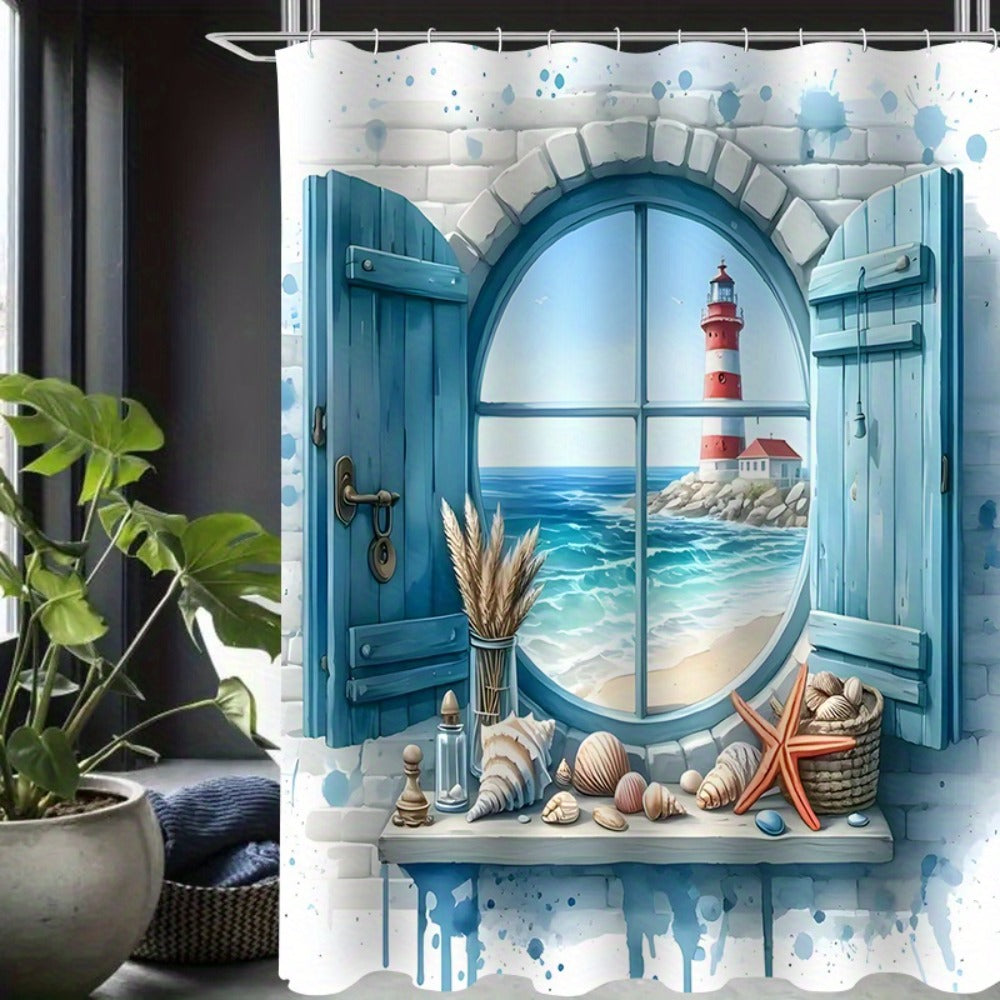 Lighthouse Ocean View Shower Curtain with Single-Curtain or Four-Piece Bathroom Set Checkout Options