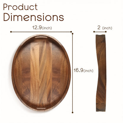 Oval Acacia Wood Serving Tray with Integrated Handles and Pictured 16.9 x 13-Inch Dimensions