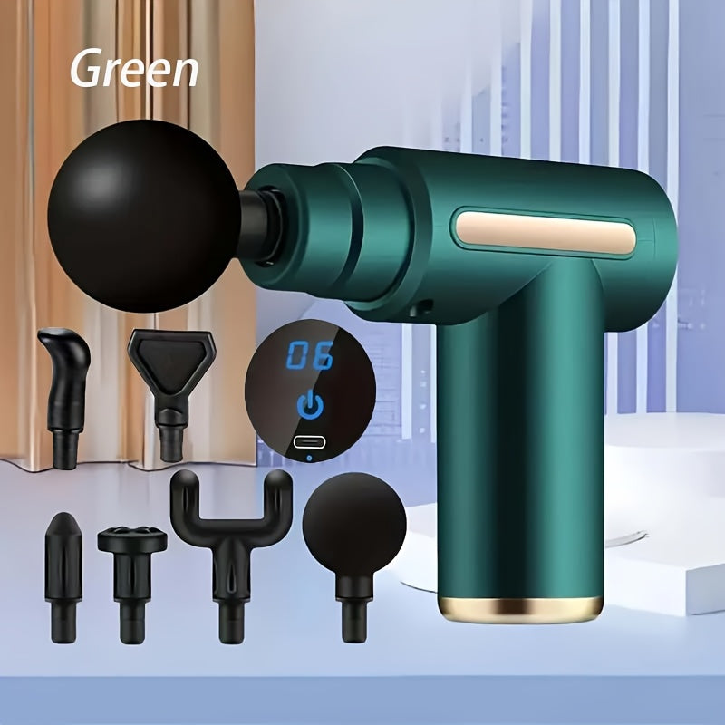 Compact Massage Gun with Digital Control Display, Multiple Pictured Heads and Four Color Options