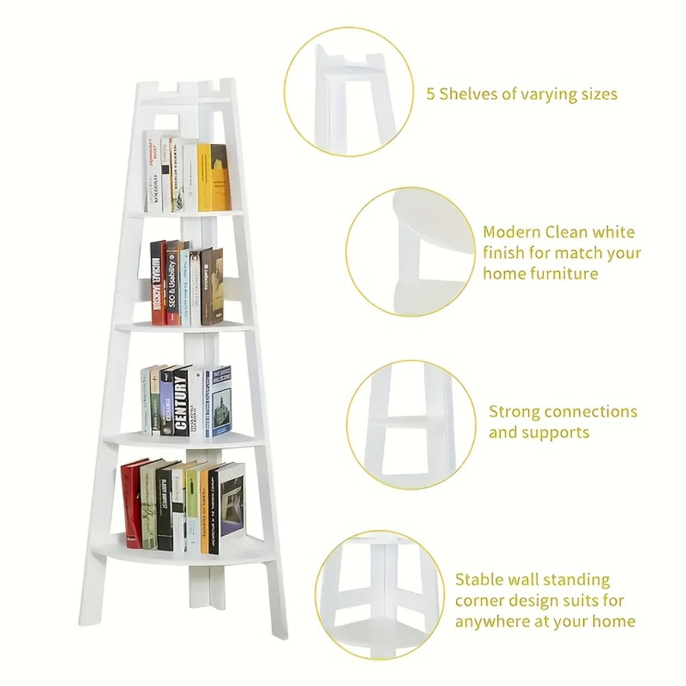 Corner Shelf 5-Tier Scandinavian Storage Cabinet – Space-Saving Vertical Organizer with Baskets, Shelves & Drawer, Modern Plastic Corner Rack for Home, Study, Balcony & Bathroom (White)