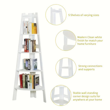 Corner Shelf 5-Tier Scandinavian Storage Cabinet – Space-Saving Vertical Organizer with Baskets, Shelves & Drawer, Modern Plastic Corner Rack for Home, Study, Balcony & Bathroom (White)
