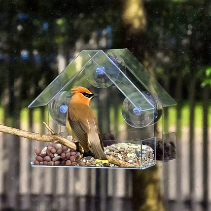 Clear Window-Mount Bird Feeder with Suction Cups, Roofed Seed Tray and Transparent Single Checkout