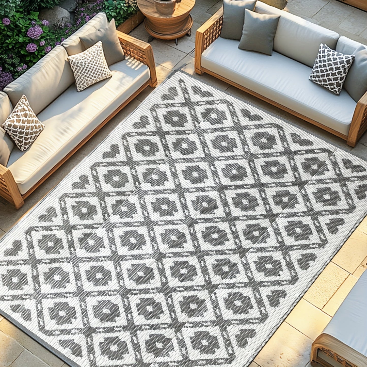 Outdoor Area Rug Waterproof Foldable Picnic Mat for Patio Balcony RV Camping Beach Garden – Blue Clover & Gray, Multiple Sizes