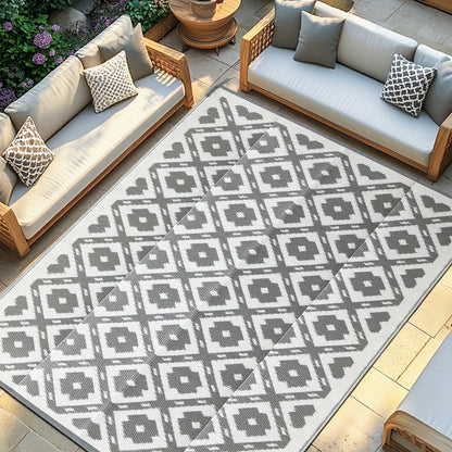 Outdoor Area Rug Waterproof Foldable Picnic Mat for Patio Balcony RV Camping Beach Garden – Blue Clover & Gray, Multiple Sizes