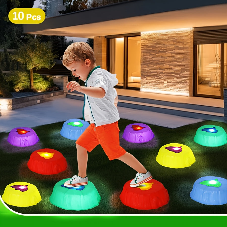 10-Piece Light-Up Stepping Stone Set in Five Colors with Raised Leaf Texture for Indoor or Outdoor Balance Play