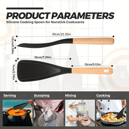 Silicone Kitchen Utensil Set 2/4 Pcs – 12-Inch Wood Handle Cooking Tools with Stay-Cool Grip for Frying, Baking, Mixing & Serving, Non-Stick Cookware Safe Spatula & Spoon Kit