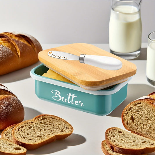 Butter Dish with Bamboo Lid & Knife, Iron Airtight Butter Keeper & Cheese Storage Box — Large Capacity Kitchen Counter Butter Container | Holiday Gift | Black, Gray, Green