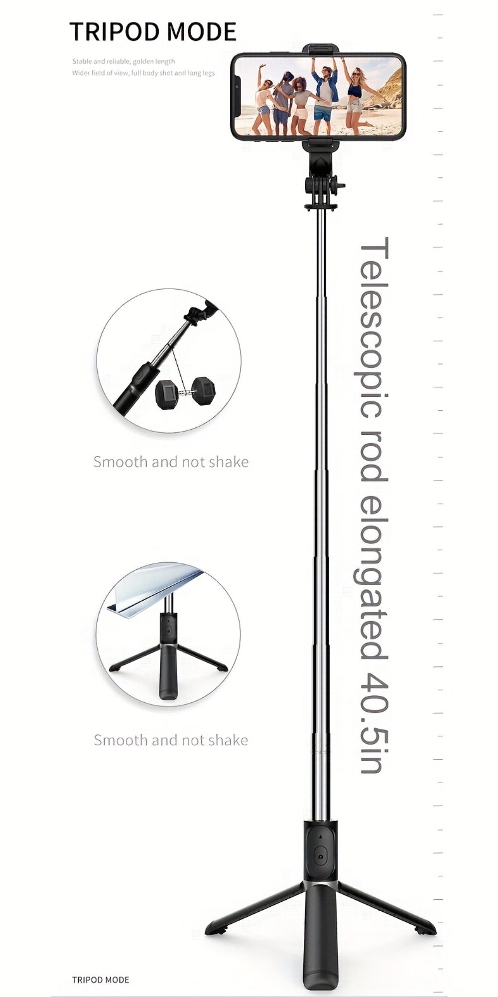 40.6-Inch Black Selfie Stick Tripod with Rotating Phone Head, Fold-Out Floor Base and Remote