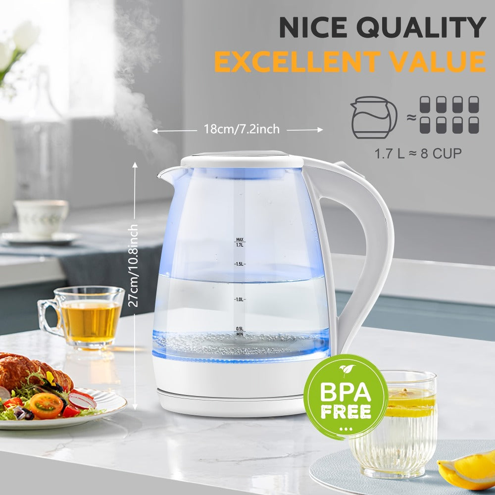 Glass Electric Kettle 1200W Fast Boiling – 57.48oz Tea Kettle with LED Indicator, Auto Shut-Off & Boil-Dry Protection, Elegant Transparent Design for Kitchen, Office & Camping