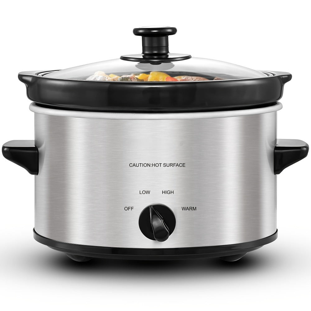 Mini Slow Cooker 1.5QT & 2.0QT with Adjustable Temperature Ceramic Crock & Dishwasher Safe Glass Lid – Small Slow Cooker for Sauces Dips Soups Stews, Stainless Steel & Black