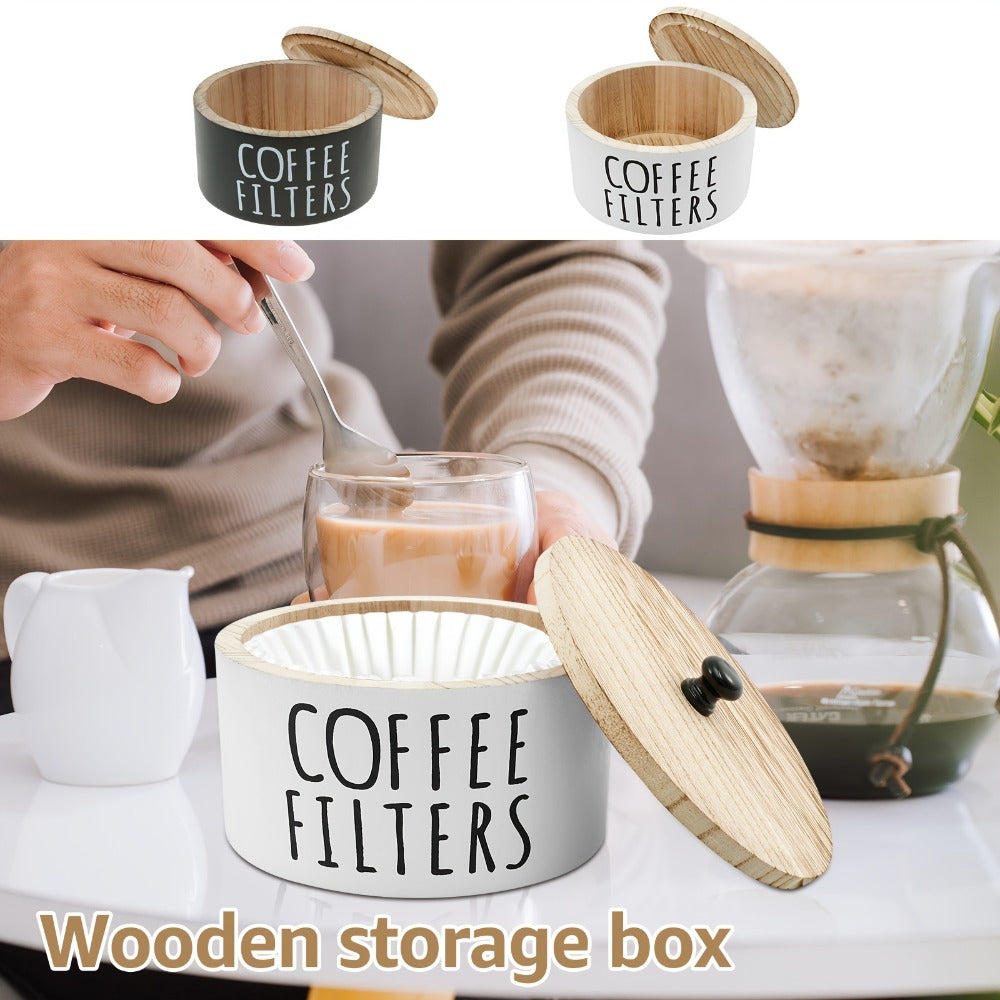 Wooden Coffee Filter Holder with Lid – Large Capacity Rustic Round Organizer Dispenser for Coffee Filters & Tea Bags, Bamboo Lid, Kitchen Countertop Coffee Bar Decor