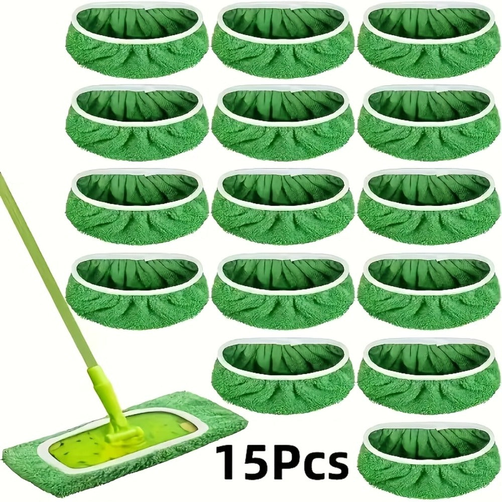 Fifteen-Piece Green Microfiber Mop Pad Set with Reusable Stretch-Cover Design for Flat Mop Heads