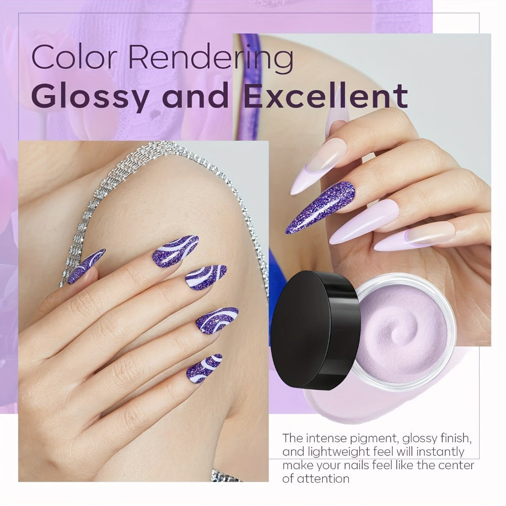 Dip Powder Nail Kit with NOCIS Label, Four Lilac Lavender Purple Glitter Powders, Three 10ml Liquids and Tools