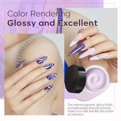 Dip Powder Nail Kit with NOCIS Label, Four Lilac Lavender Purple Glitter Powders, Three 10ml Liquids and Tools