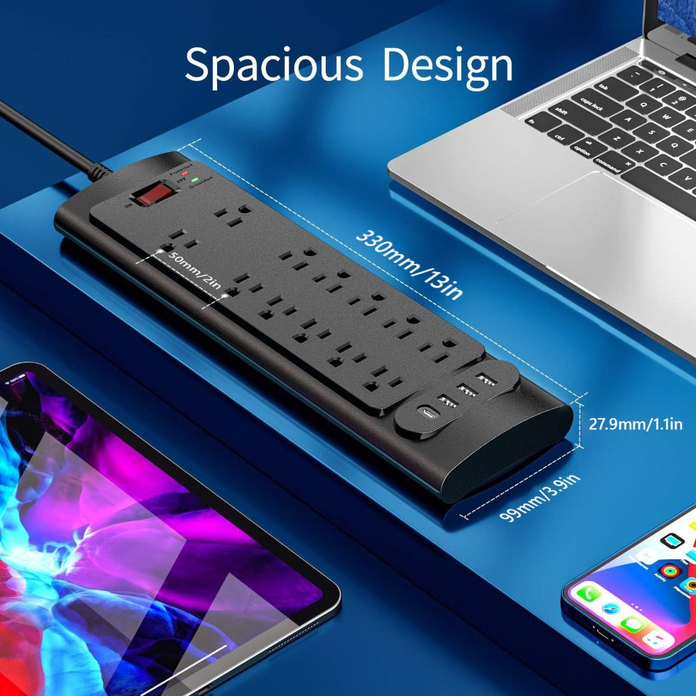 Spacious Outlet Gaming Power Strip 16-in-1 with Control Switch, 12 Wide-Spaced AC Outlets & 4 USB Ports (1 USB-C), Surge Protector, 5ft Extension Cord for TV Monitor Gaming Setup Home Office – Sleek Design