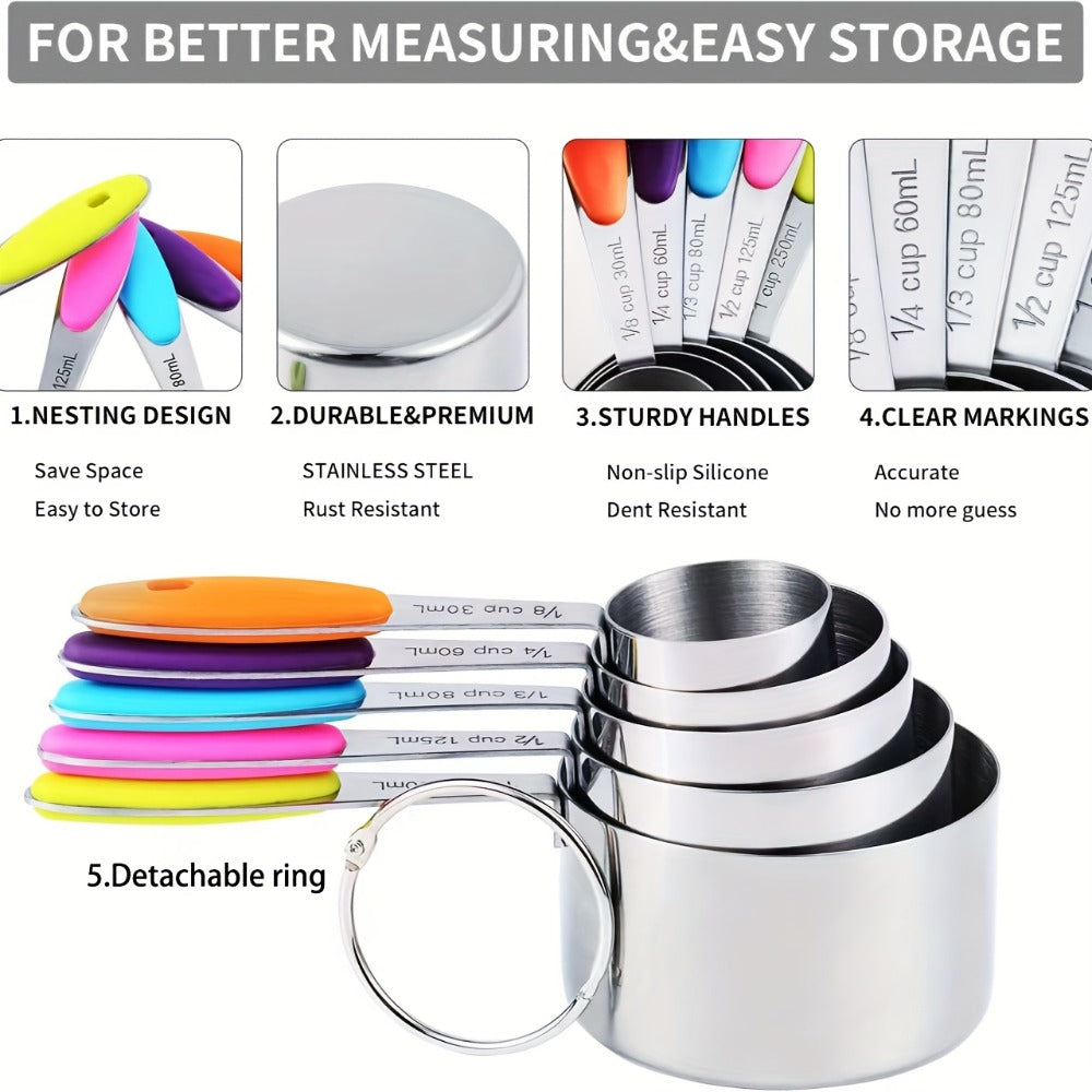 Measuring Cups and Spoons Set Stainless Steel, 8 or 17-Piece Stackable Baking Measuring Cup Set with Soft Handle for Wet and Dry Ingredients, Kitchen Baking Accessories, Black or Colorful