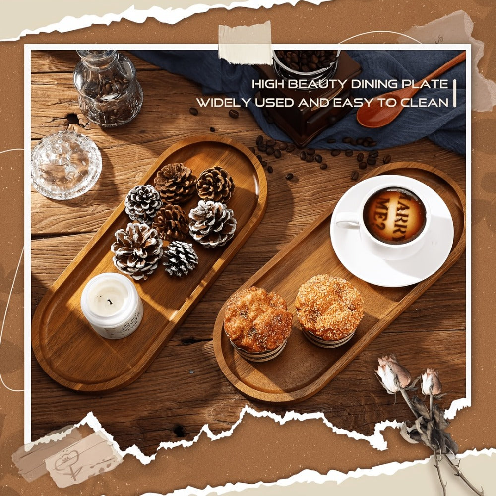 Wood Serving Tray Set with Eight Oval Trays or Four Rectangular Trays and Raised Edge Design