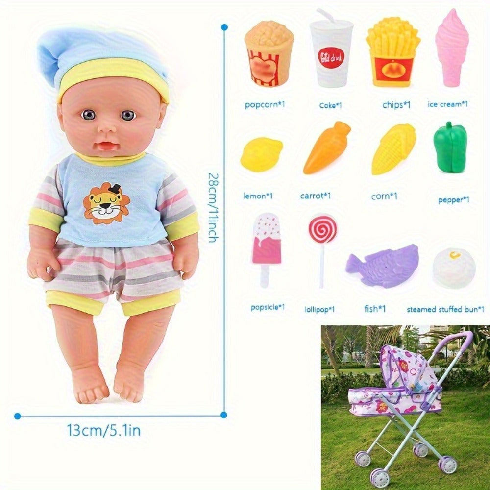 11-Inch Baby Doll and Folding Stroller Playset with 12 Food Accessories in Pink or Purple Color Options