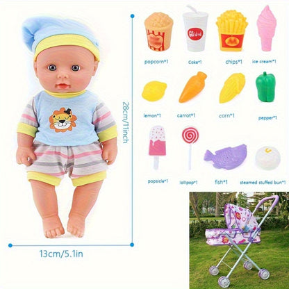 11-Inch Baby Doll and Folding Stroller Playset with 12 Food Accessories in Pink or Purple Color Options