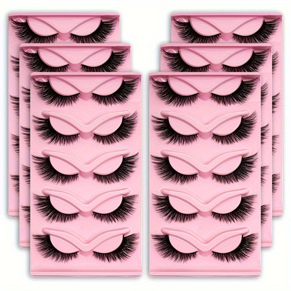Cat-Eye False Eyelashes Bulk Bundle with Six Packs of 30 Pairs in Stacked Pink Storage Trays