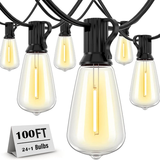 Patio String Lights 100FT ST38 Edison Bulbs Shatterproof – 2700K Warm White Dimmable Connectable Outdoor Hanging Lights with Hooks for Patio Garden Wedding Bistro Party Christmas Decor