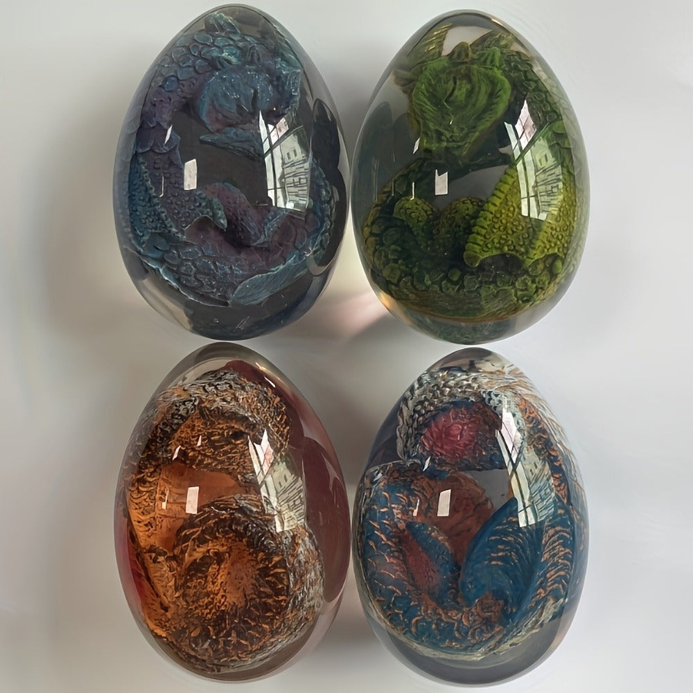 Transparent Dragon Egg Figurine in Red or Green with Oval Resin-Style Display Form Pictured
