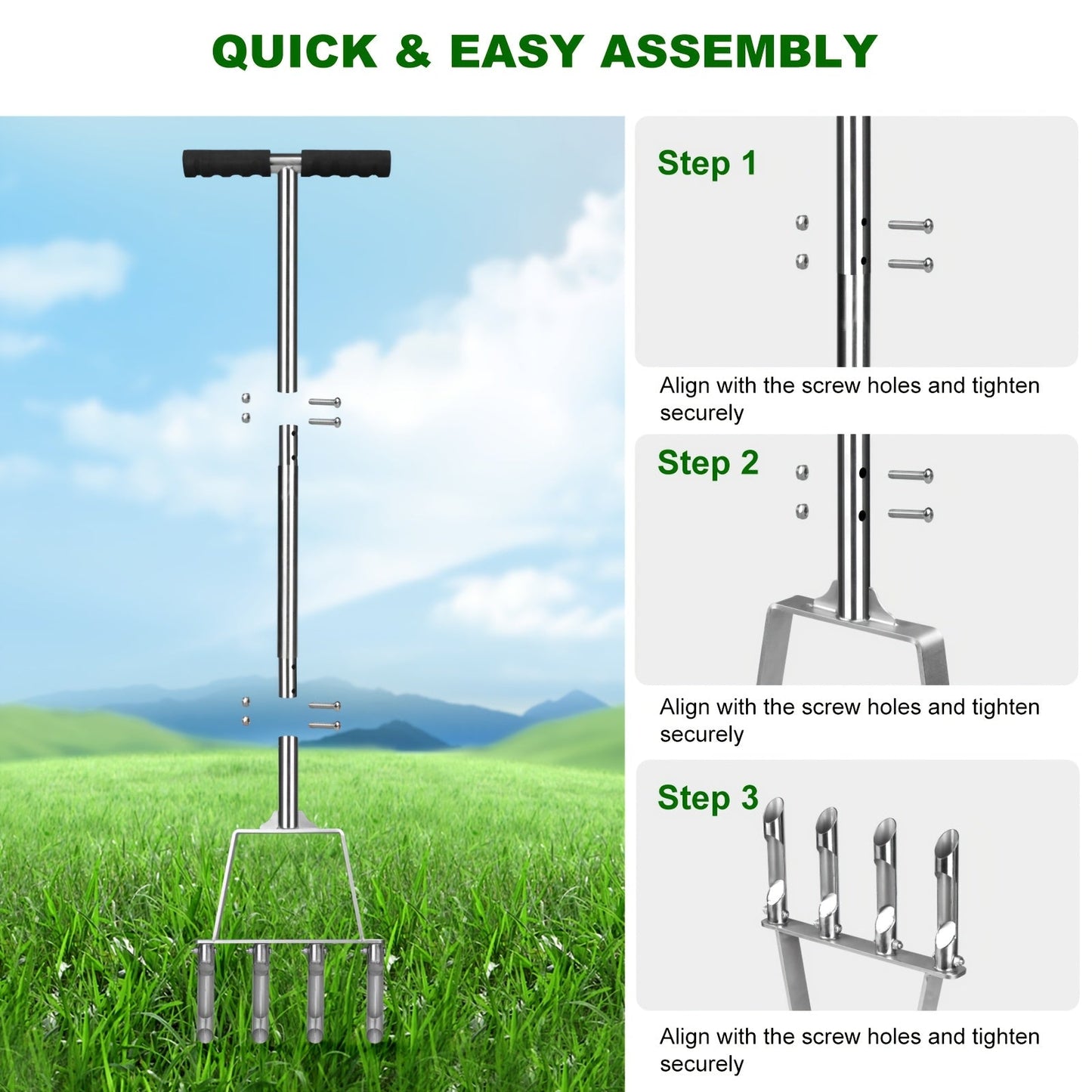 Lawn Core Aerator Tool with 4 Hollow Tines - Heavy Duty Manual Plug Aerator for Yard Soil Loosening, Thatch Removal, Grass Maintenance & Deep Core Aeration for Residential and Commercial Lawns