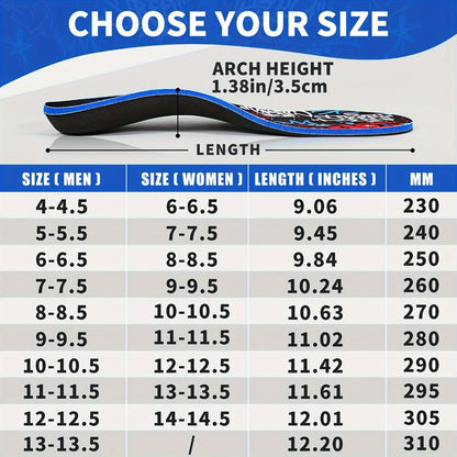 Full-Length Arch-Profile Shoe Insoles with Deep Heel Cup and Nine Men's and Women's Size Options