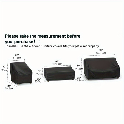 Four-Piece Black Patio Furniture Cover Set for Loveseat, Two Chairs and Coffee Table with Listed Dimensions