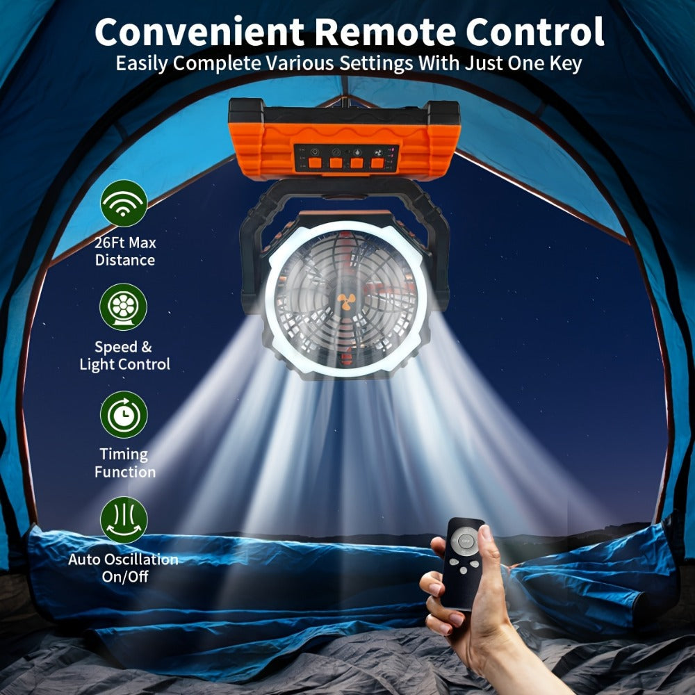 20000mAh-Label Four-Speed Dual-Motor Camping Fan with Remote, Hook and Four Lantern Panels