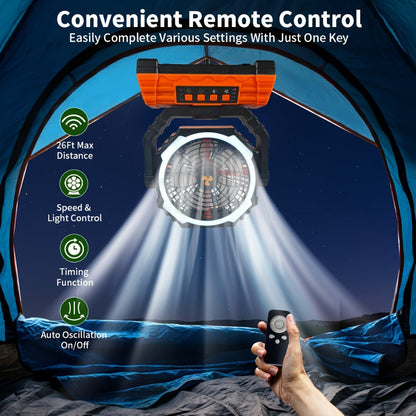 20000mAh-Label Four-Speed Dual-Motor Camping Fan with Remote, Hook and Four Lantern Panels