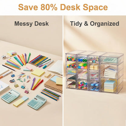 Clear Acrylic Drawer Organizer with 8 or 16 Drawers - Stackable Desktop Storage for Makeup, Jewelry, Office Supplies & Art Crafts, Modular Desk Organizer Set for Home & Office