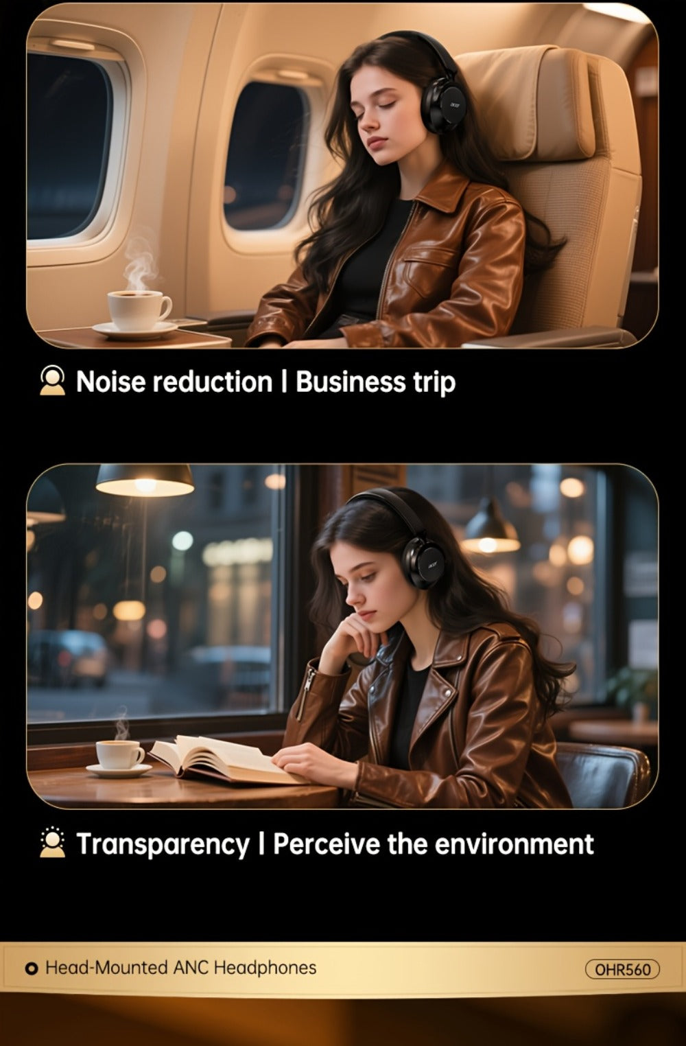 Acer OHR560 ANC Over-Ear Wireless Headphones, Full-Coverage Foldable Design HiFi Stereo HD ENC Call Noise Reduction Built-in Mic, 3.5mm Audio Cable Compatible for Work Travel Gaming Study