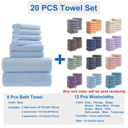 Twenty-Piece Bath Towel Set with Eight Large Towels and Twelve Washcloths in Ten Exact Color Options