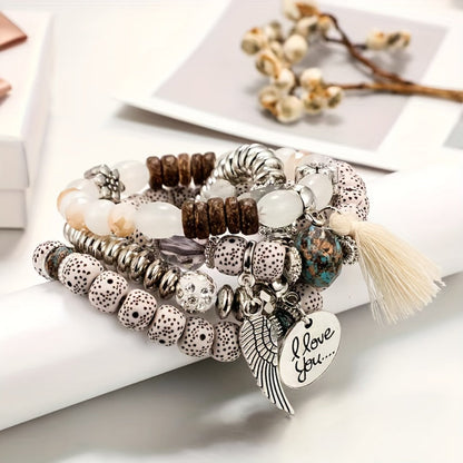 Bracelet Set, 24-Piece Assorted Wood-Bead Elastic Stack with Tassels and Pendant-Style Accents