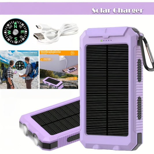 Solar Power Bank, 10000mAh USB Charger with Solar Panel, LED Flashlight, Compass, Data Cable and Backpack Hook