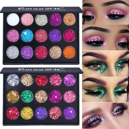 Glitter Eyeshadow Palette 2-Pack 15 Colors Each — Shimmer Metallic Sequin Foil Squalane-Infused High Pigment Eye Shadow Set for Stage Festival Party All Skin Tones Women