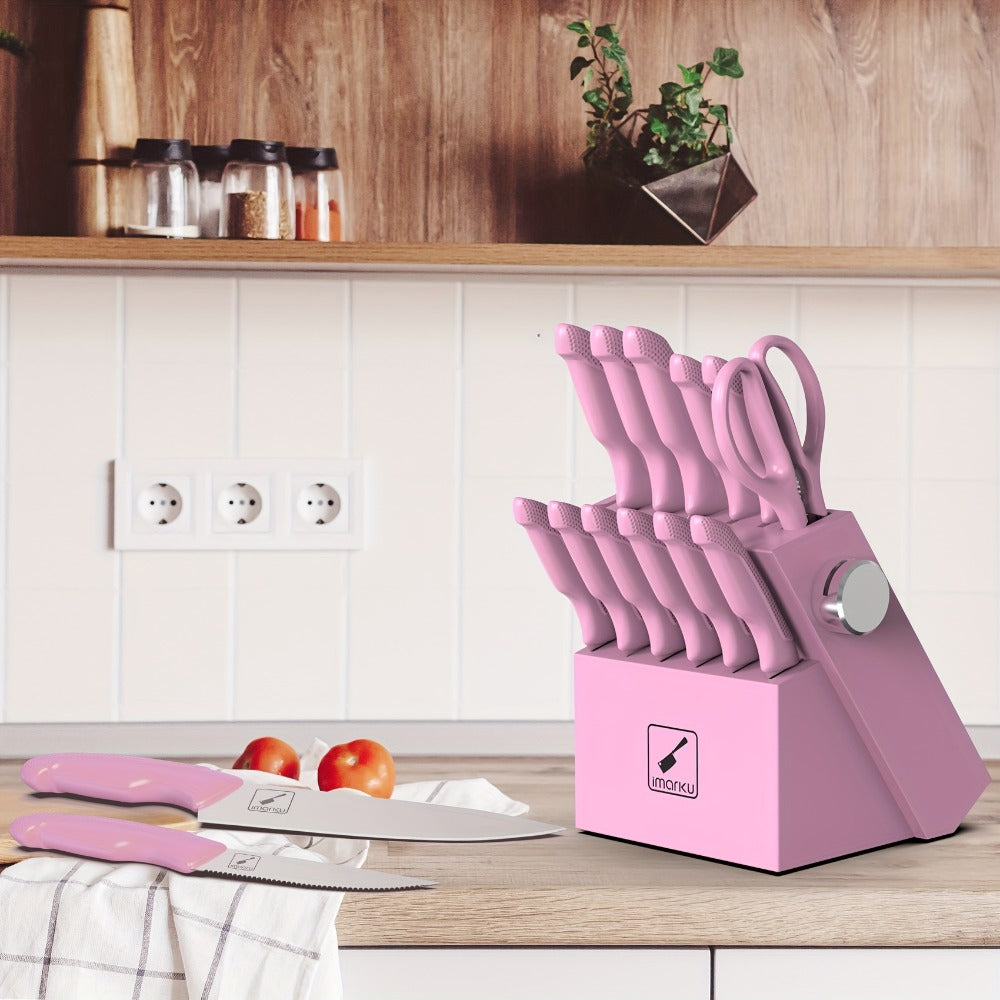 Kitchen Knife Set by imarku, 14-Piece Pink Stainless Steel Block with Six Steak Knives, Shears and Built-In Sharpener