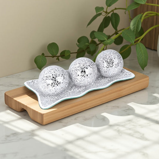 Decorative Glass Balls for Bowls 3 Inch Set of 3 with Glass Tray, Bowl Fillers Centerpiece Table Decorations for Home Decor Living Room Dining Coffee Table, Silver Black Gold Green