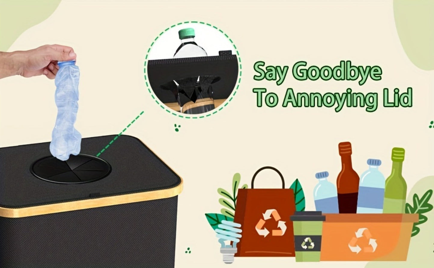 Collapsible 100L Recycling Bin with Lid and Removable Inner Bag in Black or Dark Gray for Home Sorting
