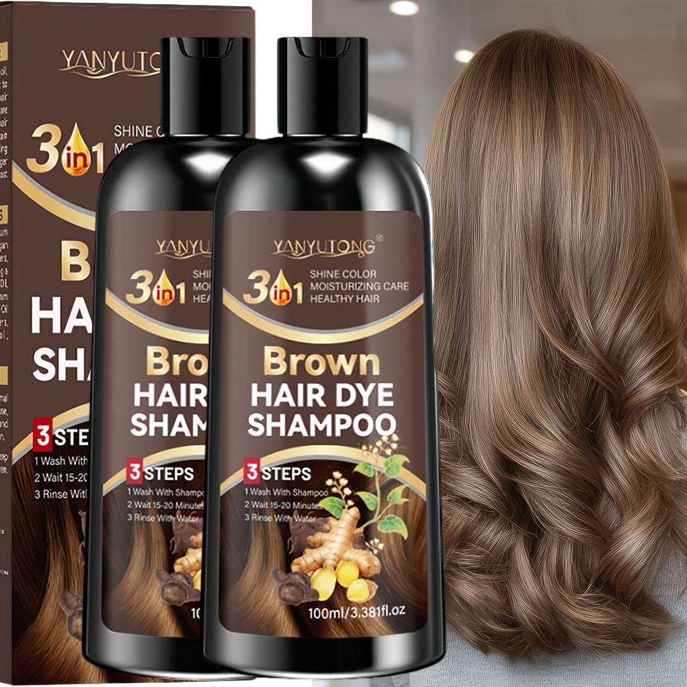 Brown Hair Dye Shampoo 2-Pack 3.38oz — Polygonum Multiflorum & Ginger Extract Covers Gray Hair, Deep Moisture Anti-Frizz Long-Lasting Natural Color, Plant-Based Unisex Hair Gift