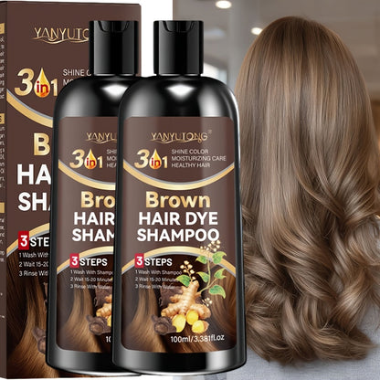 Brown Hair Dye Shampoo 2-Pack 3.38oz — Polygonum Multiflorum & Ginger Extract Covers Gray Hair, Deep Moisture Anti-Frizz Long-Lasting Natural Color, Plant-Based Unisex Hair Gift