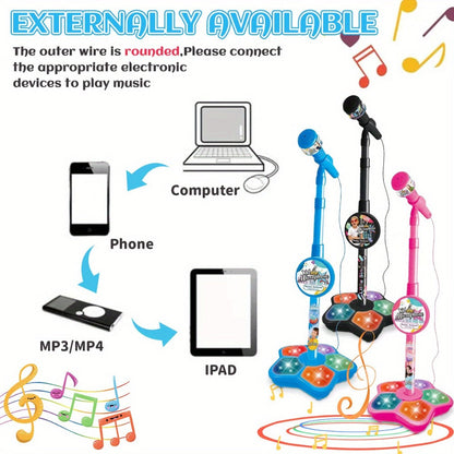 Kids Karaoke Microphone with Stand & Amplifier – Singing Toy for Girls Boys Age 3+, Random Print Design, Birthday Gift, Blue / Black / Pink