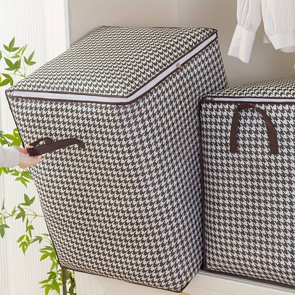 Large 160 L Houndstooth Fabric Storage Bag with Double Zippers, Carry Handles and Foldable Square Shape