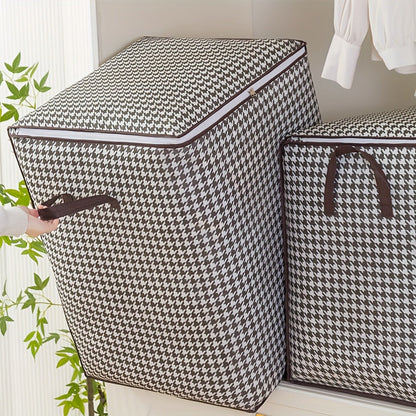 Large 160 L Houndstooth Fabric Storage Bag with Double Zippers, Carry Handles and Foldable Square Shape